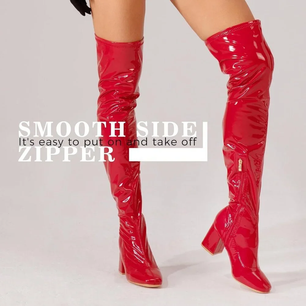 Women Red Patent Leather PU Chunky Heel Over The Knee Square Toe Long Boot